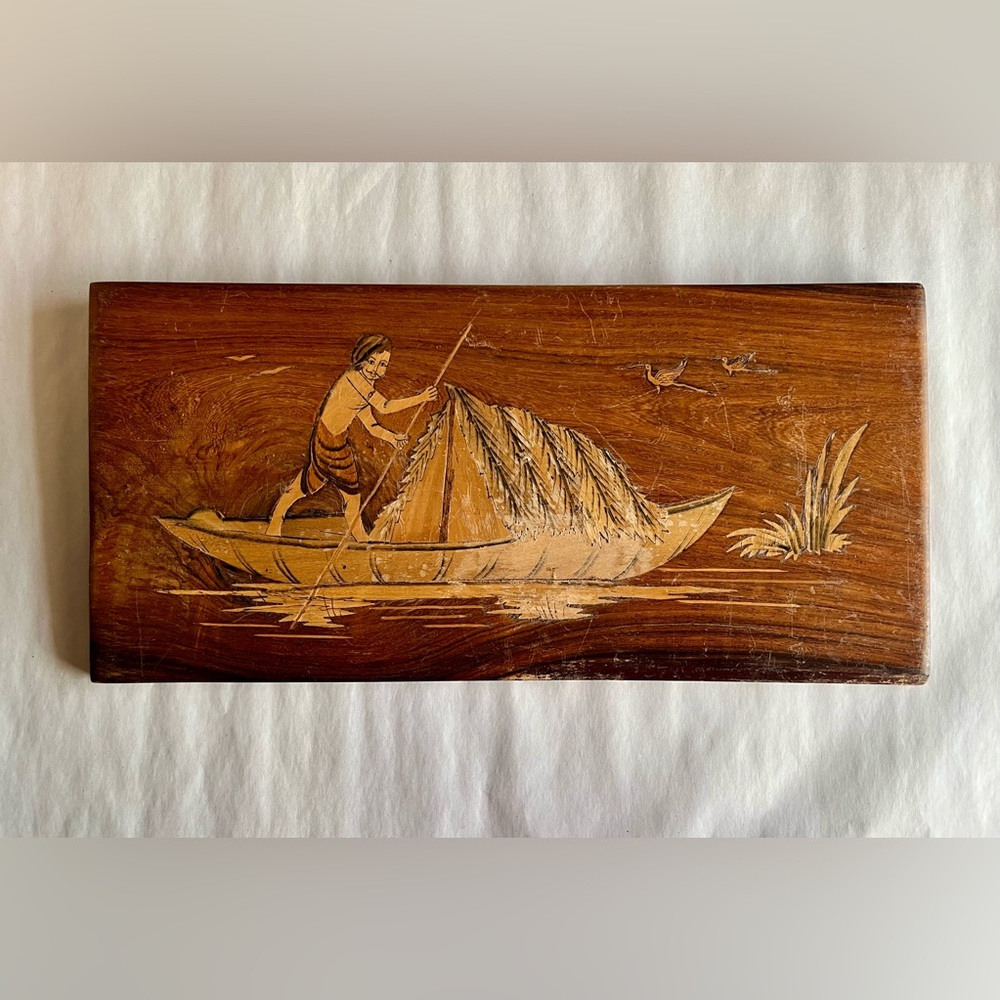 Vintage Folk Art Inlaid Marquestry Hanging Plaque